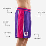 Back view of custom printed basketball shorts in purple and hot pink with back player number print zone and white stripe side trim