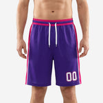 Custom printed basketball shorts in purple with hot-pink side panel and white stripe trim, front view showing player number 00 on lower left leg