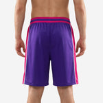 Left-side view of purple and hot-pink custom printed basketball shorts with white internal drawcord and mid-thigh athletic cut hem