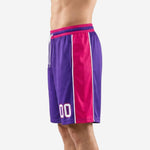 Right-side view of purple custom printed basketball shorts with wide pink side panel and layered purple and pink ribbed waistband