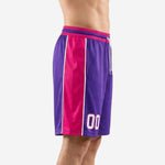 Side view of custom printed basketball shorts showing full-length hot-pink side panel bordered by white stripe trim on purple body