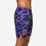 Front view of custom printed basketball shorts in purple and neon yellow camo design showing elastic waistband with drawcord