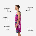 Custom printed reversible basketball uniforms back view showing back number placement and full lightning pattern across both jersey and shorts