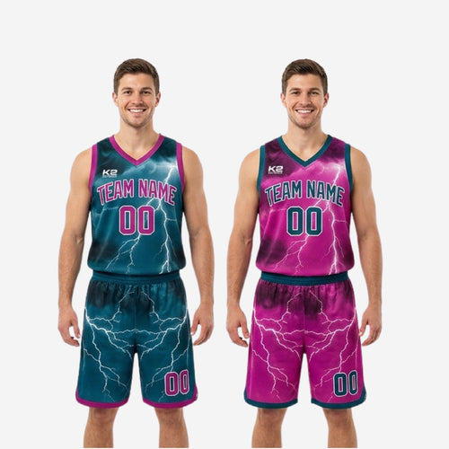 Custom Printed Reversible Basketball Uniforms - Teal and Magenta Tournament Set