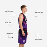 Back view of purple and black custom basketball uniform showing back number and player name placement on upper back of jersey