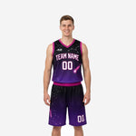 Custom purple and black basketball uniforms with galaxy gradient sublimation, showing front and back of the full two-piece team set