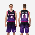 Size and specification sheet for custom purple and black basketball uniforms showing youth and adult size run for team orders