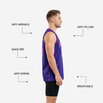 Back view of custom purple basketball jerseys showing sublimated player name and number in pink with white outline on purple body