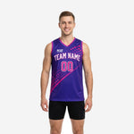 Custom purple basketball jerseys with hot pink halftone diagonal pattern, arched team name, and front number on male model - front and back view