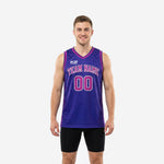 Custom purple basketball jerseys with pink V-neck binding and arced team name on chest, front and back views on adult male model