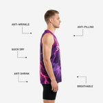Back view of custom purple basketball jersey with player name and number printed on deep purple and pink lightning background