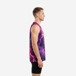 Front view of custom purple and pink lightning basketball jersey with V-neck collar and vivid magenta armhole binding on adult male model