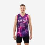 Custom purple basketball jerseys with full-body pink lightning storm sublimation print, team name arced on chest and number 00 centered below, men's adult fit