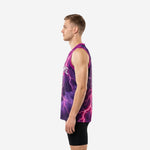 Left side view of custom purple basketball jersey showing full-wrap lightning bolt sublimation pattern from hem to shoulder