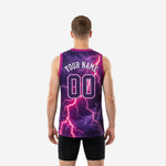 Right side view of purple and pink sublimated basketball jersey showing seamless edge-to-edge lightning storm print