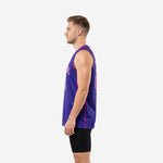 Side view of custom purple basketball jersey showing vertical pink side stripe running from armhole to straight hem on adult male