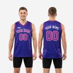 Size and specification chart for custom purple basketball jerseys showing youth and adult sizing options for team roster orders