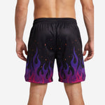 Back view of custom black and purple sublimated basketball shorts with player number placement visible