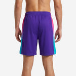 Back view of custom purple basketball shorts showing gradient side panels and player number placement at center