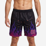 Custom purple basketball shorts with black flame gradient and orange ember scatter, player number 00 on front right thigh, men's front view