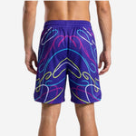 Back view of custom purple basketball shorts showing full-sublimation neon swirl design across both rear panels