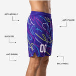 Close-up detail of the neon swirl sublimation print and white player number on custom purple basketball team shorts