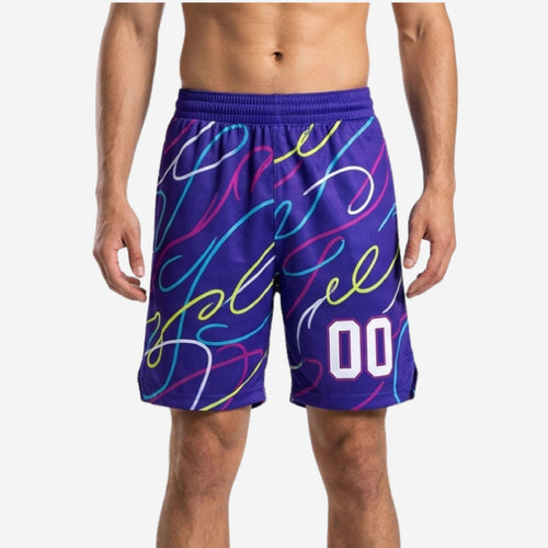 Custom purple basketball shorts with diagonal neon swirl pattern in cyan, magenta and yellow-green, player number 00 on right thigh, front view