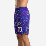 Opposite side view of mens custom purple basketball shorts with continuous diagonal swirl pattern and elastic drawcord waistband