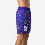 Side view of custom purple basketball shorts showing unbroken neon swirl print across the leg panel and small hem split