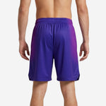 Opposite side view of custom purple basketball shorts displaying the full hex-pattern fade from hip to hem on performance polyester knit fabric