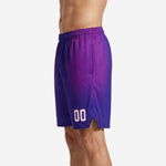 Side view of custom purple basketball shorts showing hex-fade gradient detail, elastic waistband gather, and small hem side split for range of motion