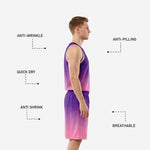 Back view of custom purple basketball uniform displaying back number and player name placement on gradient sublimated jersey