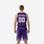 Back view of custom purple basketball uniform set showing back number placement on shorts and jersey side panel design