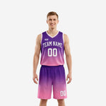Custom purple basketball uniform set with purple-to-pink gradient jersey and matching shorts, front and back view, white team name and number
