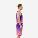 Front view of custom purple basketball uniform showing arched team name, front number, and V-neck white binding on gradient jersey and shorts