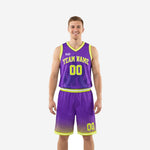 Custom purple basketball uniform full set with neon yellow trim, flame jersey graphic, and halftone dot shorts pattern - front view