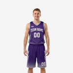 Custom purple basketball uniform full set front view showing chevron geometric jersey and matching silver side panel shorts with hex halftone fade
