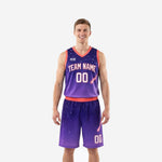 Custom purple basketball uniform galaxy design with coral V-neck binding, star-field jersey and matching shorts, front view on adult male model