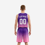 Opposite side view of custom purple and pink basketball uniform set showing sleeveless jersey armhole binding and shorts waistband detail
