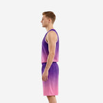 Side view of custom purple basketball uniform showing gradient fade from purple at shoulder to pink at hem on jersey and shorts