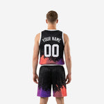 Back view of custom black and purple basketball jersey and shorts set showing player name and number placement