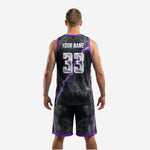 Back view of custom purple and black basketball uniform set with player name and number on jersey and matching shorts