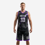 Custom purple and black basketball uniforms full set front view showing smoke graphic jersey and matching shorts with number 33