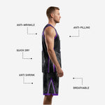 Full set view of custom purple and black basketball uniforms showing storm smoke graphic and lightning accent design on jersey and shorts