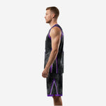 Opposite side view of purple and black basketball uniform showing inverted-V shorts split with purple and white piping