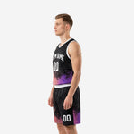 Opposite side view of men's purple and black sublimated basketball uniform showing coral-to-purple splash detail on jersey and shorts hem
