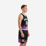 Side view of custom purple and black basketball uniform set showing V-neck binding, geometric texture, and gradient hem on shorts