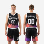 Size and spec sheet for custom purple and black basketball uniform set in youth and adult sizing