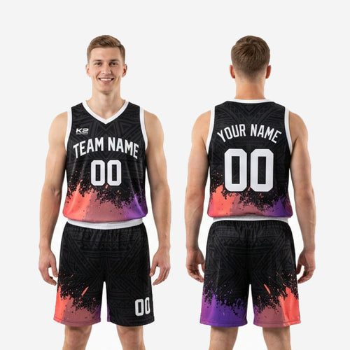Size and spec sheet for custom purple and black basketball uniform set in youth and adult sizing
