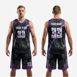 Size and specification sheet for custom purple and black basketball uniform set showing youth and adult sizing options